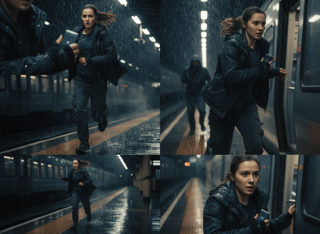 Action-film continuity study showing Zara with the same wardrobe and evidence prop across several train-station camera angles.