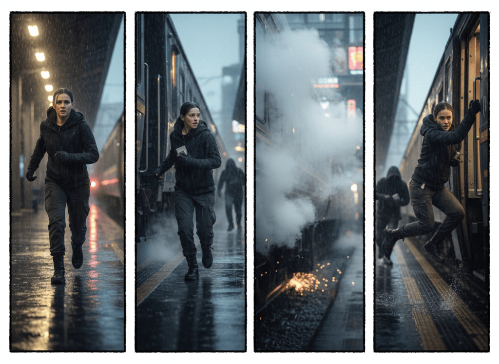 Four connected action-film moments showing Zara racing through a wet train station while carrying critical evidence.