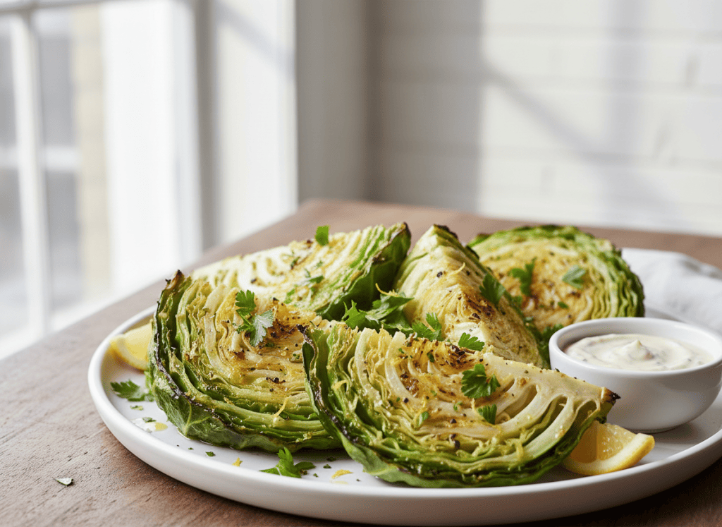 Air fryer cabbage wedges with charred edges, lemon, parsley, and dipping sauce.