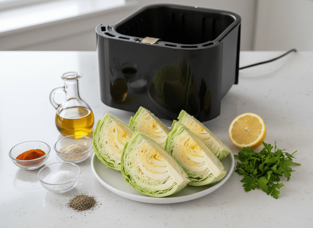 Cabbage wedges, olive oil, garlic seasoning, lemon, parsley, and an air fryer basket ready for cooking.