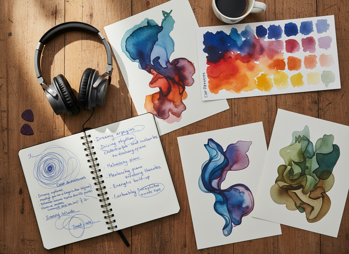 Creative desk with visual references for developing album artwork.