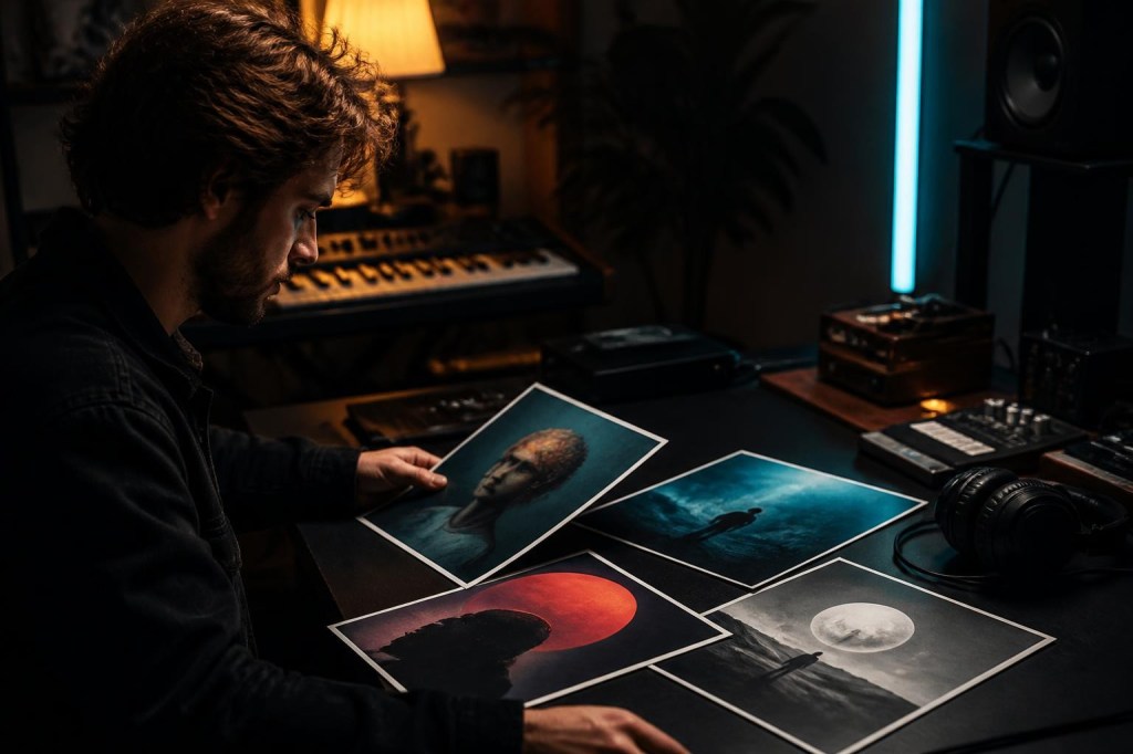 Musician reviewing visual concepts for original album cover art.