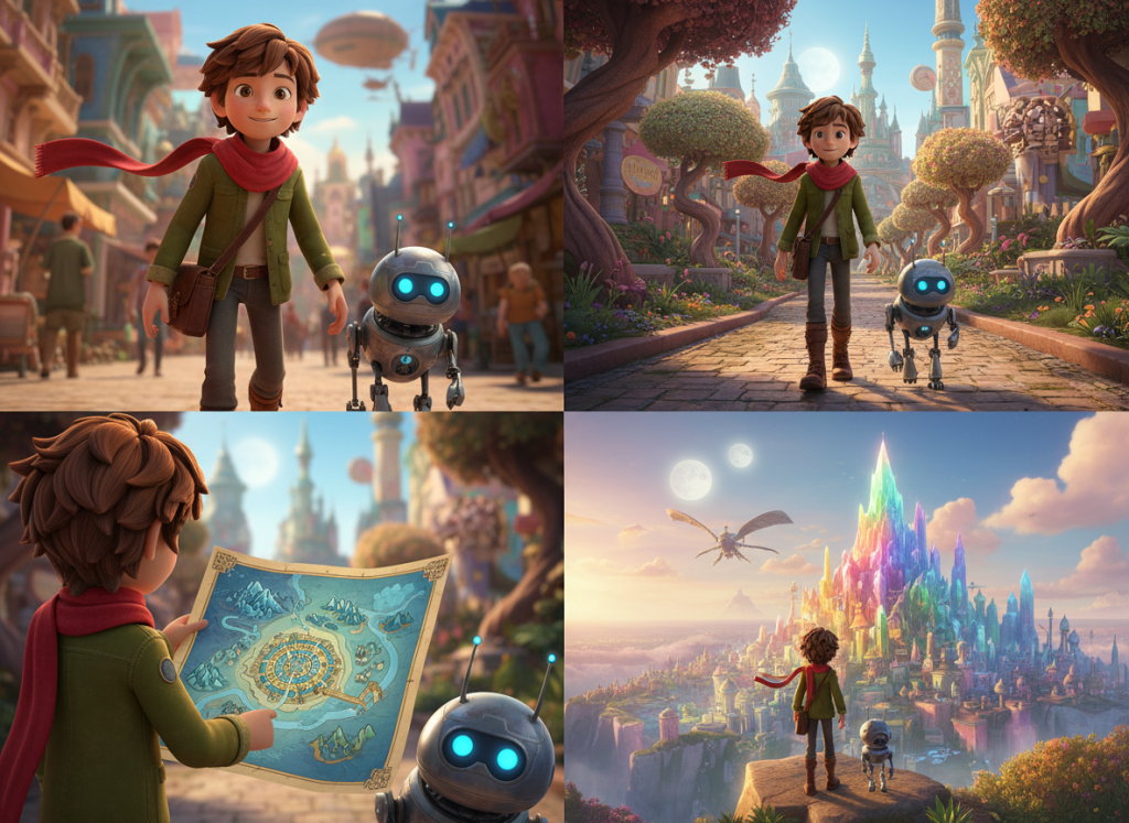 Animated continuity study showing Leo and robot sidekick Pip with consistent designs, outfits and map prop across multiple shots.