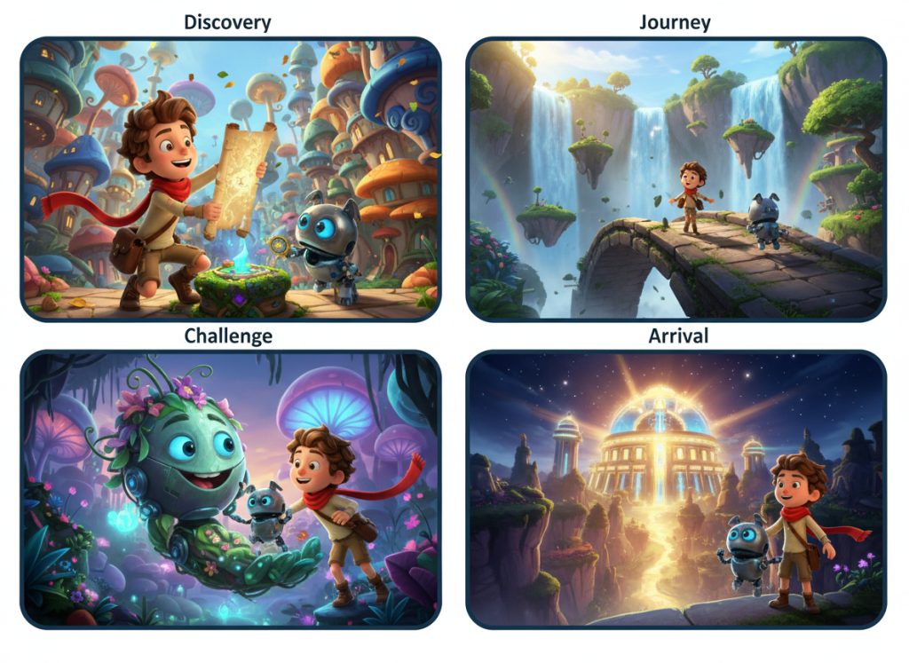 Four connected animated-film moments showing Leo and robot sidekick Pip following a map through a colorful fantasy city.