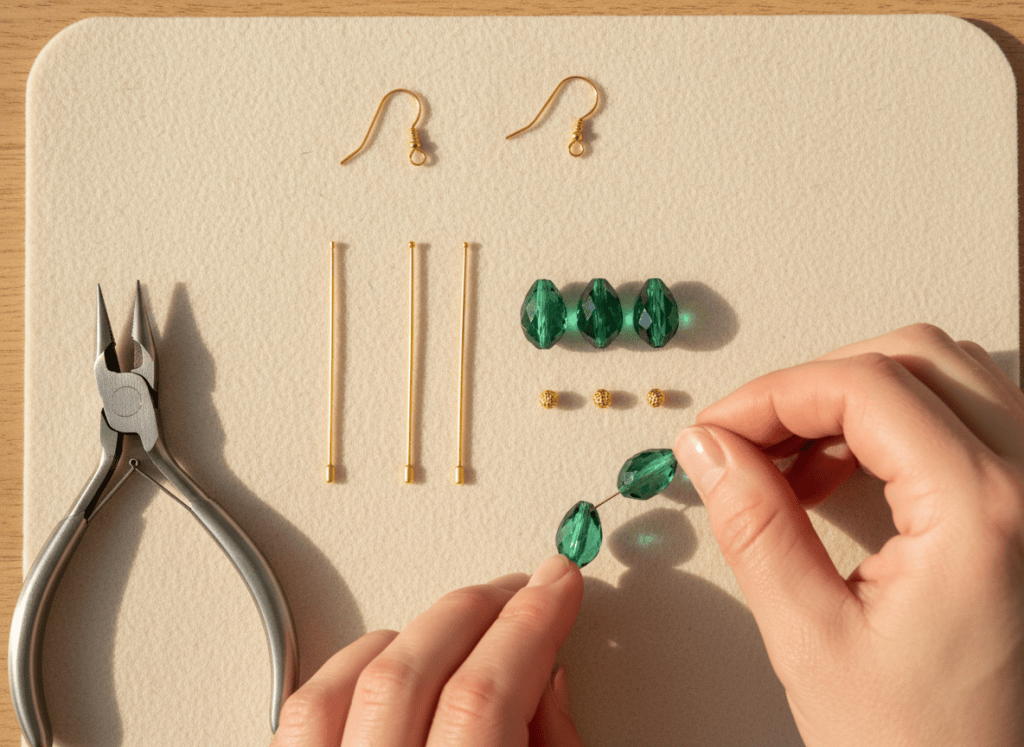 Hands arranging emerald beads, head pins, ear wires, and jewelry pliers for beaded drop earrings.