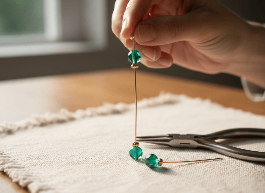 Hands threading an emerald bead and gold spacer onto a head pin for a drop earring.