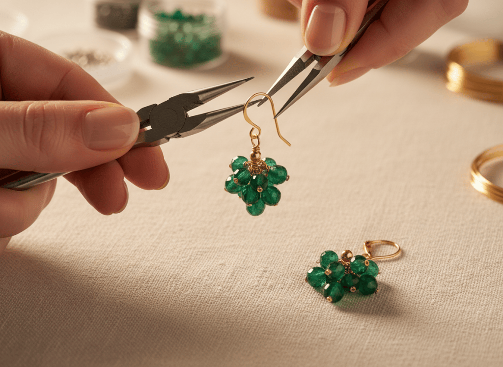 Hands attaching an emerald beaded drop to a gold-tone ear wire with jewelry pliers.