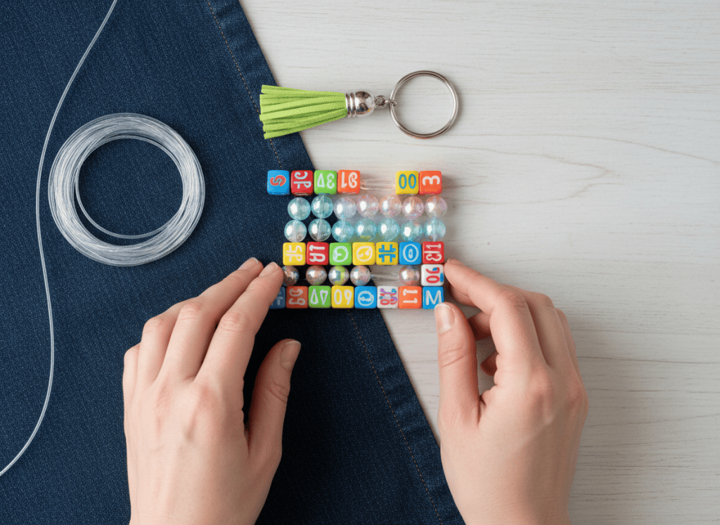 Hands arranging colorful cube beads, translucent beads, tassel, cord, and key ring for a beaded keychain.