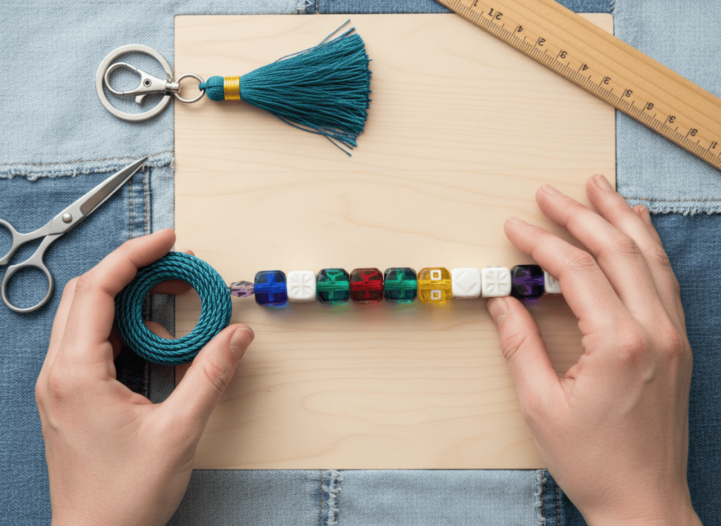 Hands threading colorful beads onto strong cord for a personalized keychain.