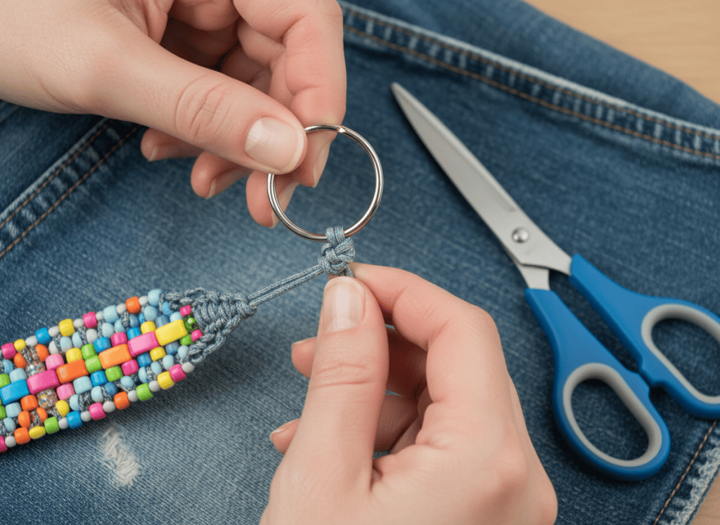 Hands looping beaded cord through a metal key ring and tying a secure knot.