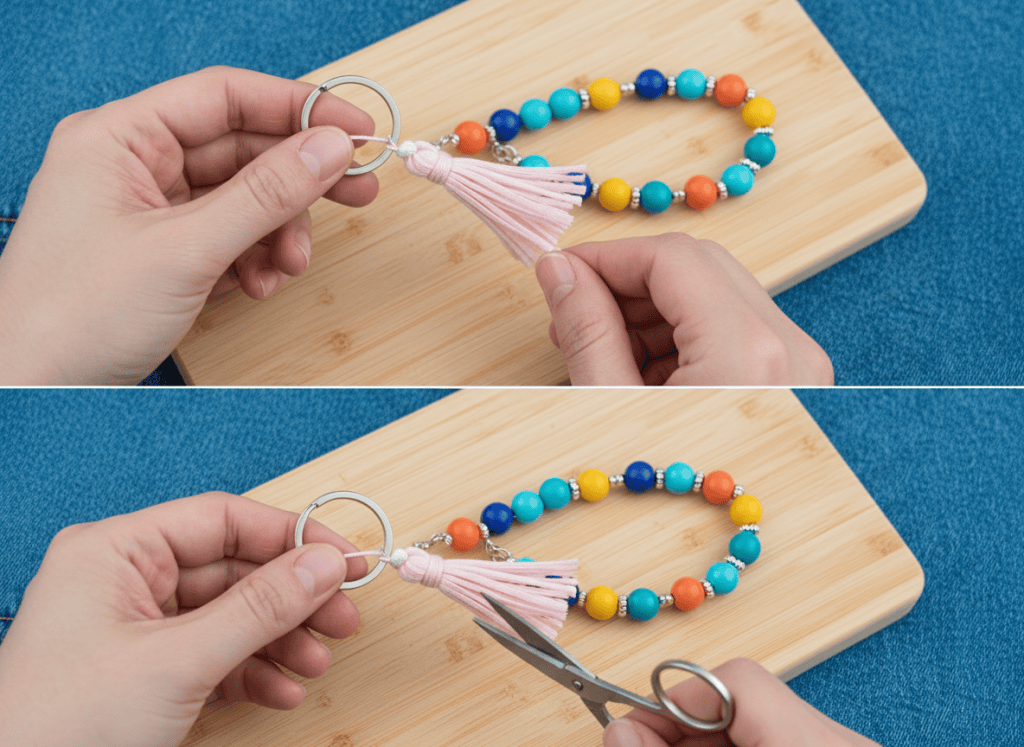 Hands adding a tassel to a finished colorful beaded keychain and trimming excess cord.