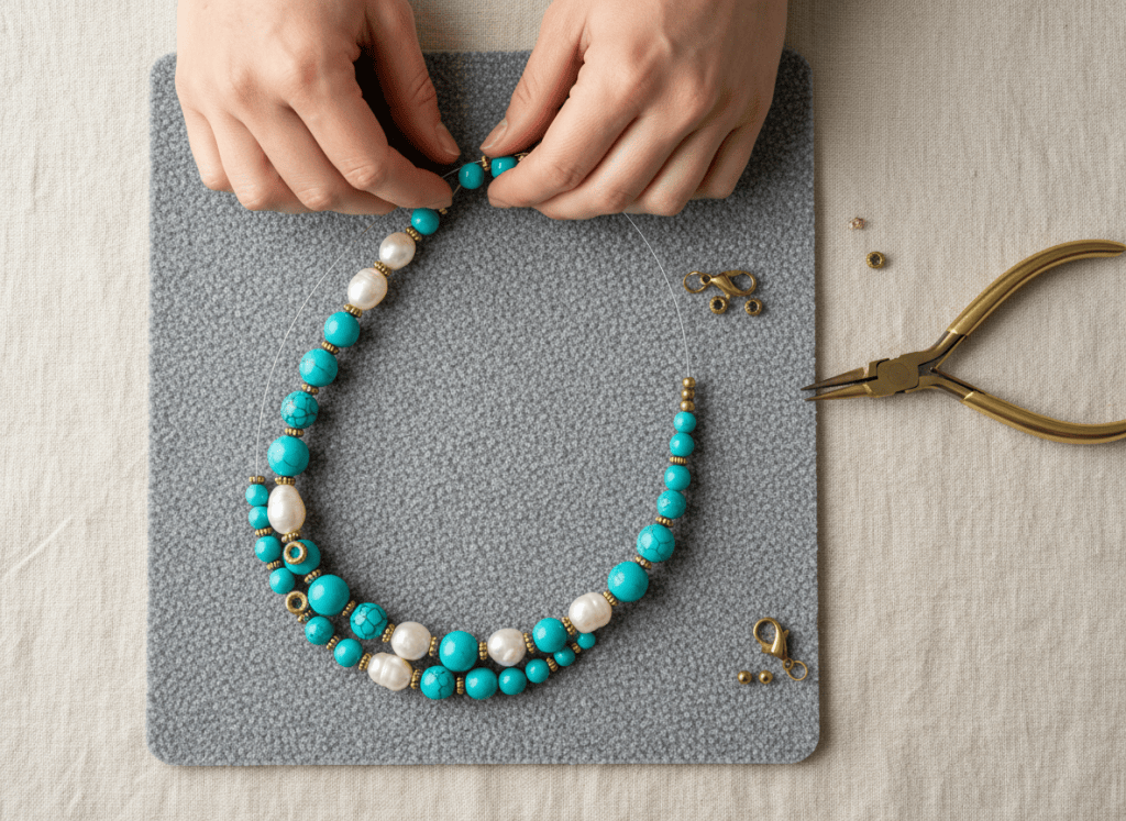 Hands arranging turquoise beads, faux pearls, spacers, clasp, and beading wire into a necklace pattern.