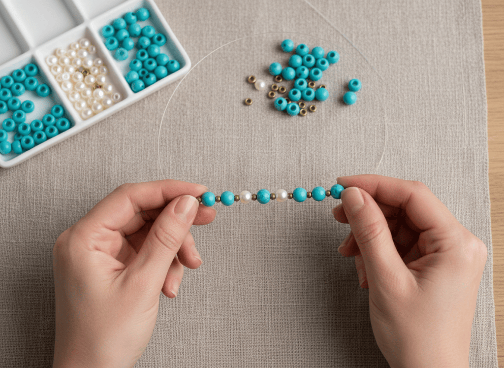 Hands stringing turquoise beads, faux pearls, and brass-tone spacers onto beading wire.
