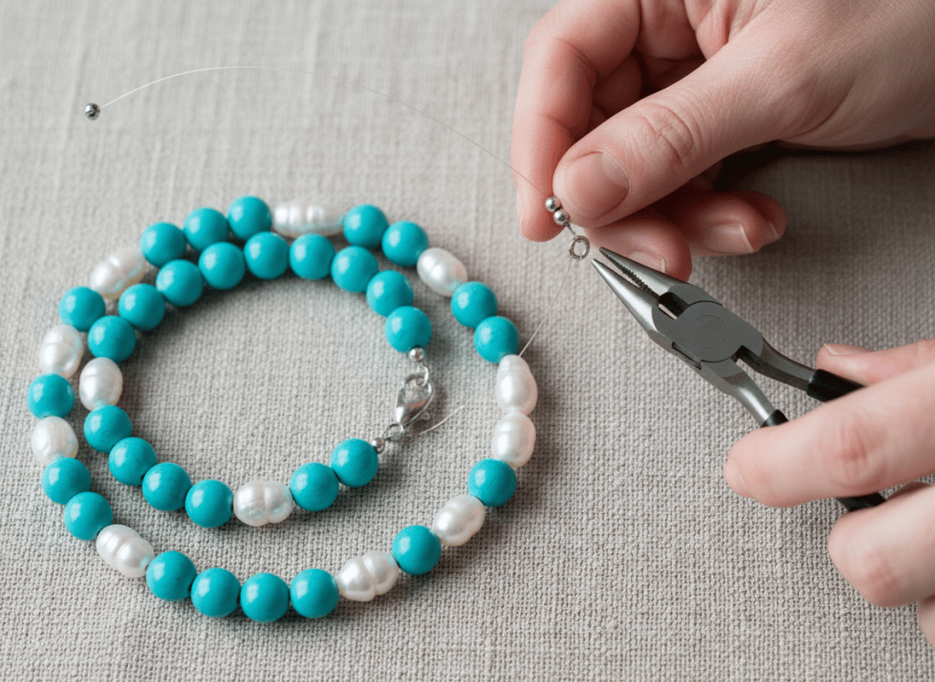 Hands attaching a clasp and crimp bead to the end of a beaded necklace.