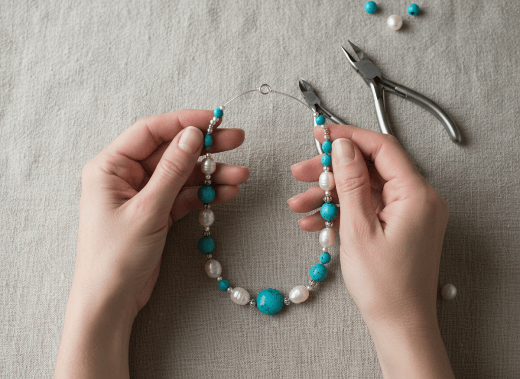 Hands checking the drape and symmetry of a turquoise and faux pearl necklace before final trimming.