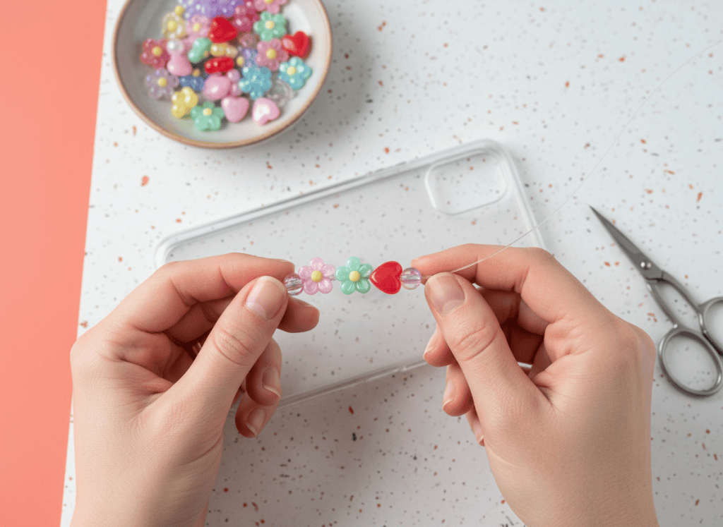 Hands threading colorful translucent beads and small charms onto strong cord for a phone charm.