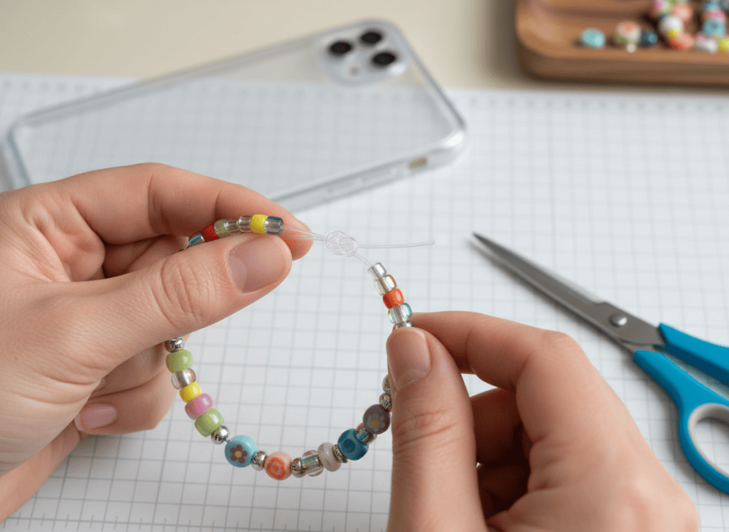 Hands tying a secure knot at the end of a colorful beaded phone charm cord.