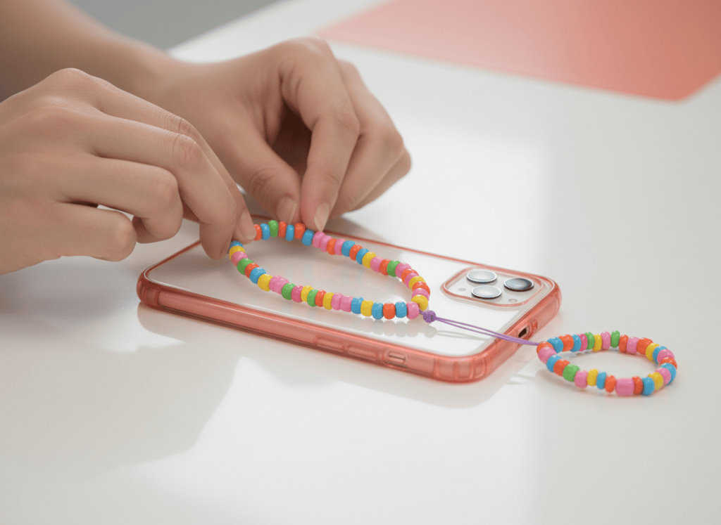 Hands attaching a finished colorful beaded phone charm to a compatible phone case attachment point.