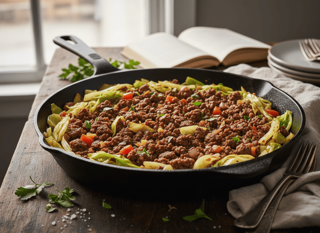 Cabbage and ground beef skillet with tomatoes, onion, garlic, and herbs.
