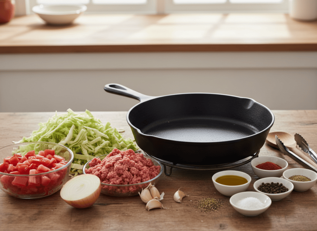 Cabbage, ground beef, tomatoes, onion, garlic, oil, and seasonings arranged beside a skillet.
