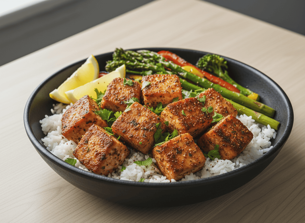 Cajun salmon bites served with rice, vegetables, lemon, and parsley.