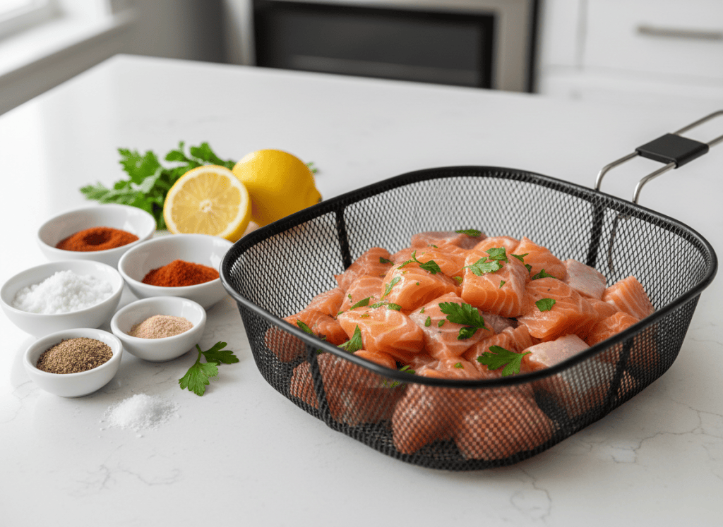 Cubed salmon, Cajun seasonings, lemon, and parsley arranged beside an air fryer basket.