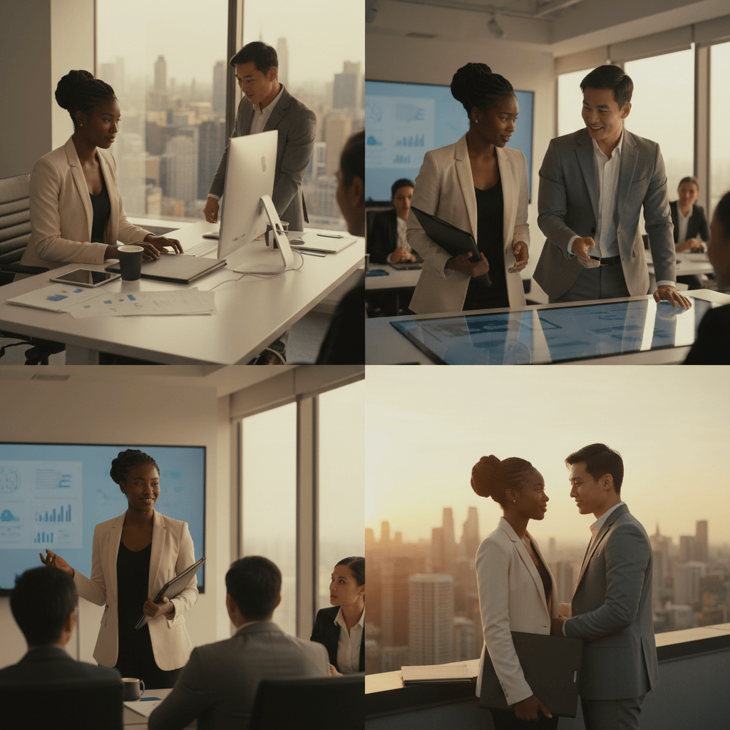 Continuity study of the same young Black professional woman and young Asian man across office work, presentation and rooftop scenes.