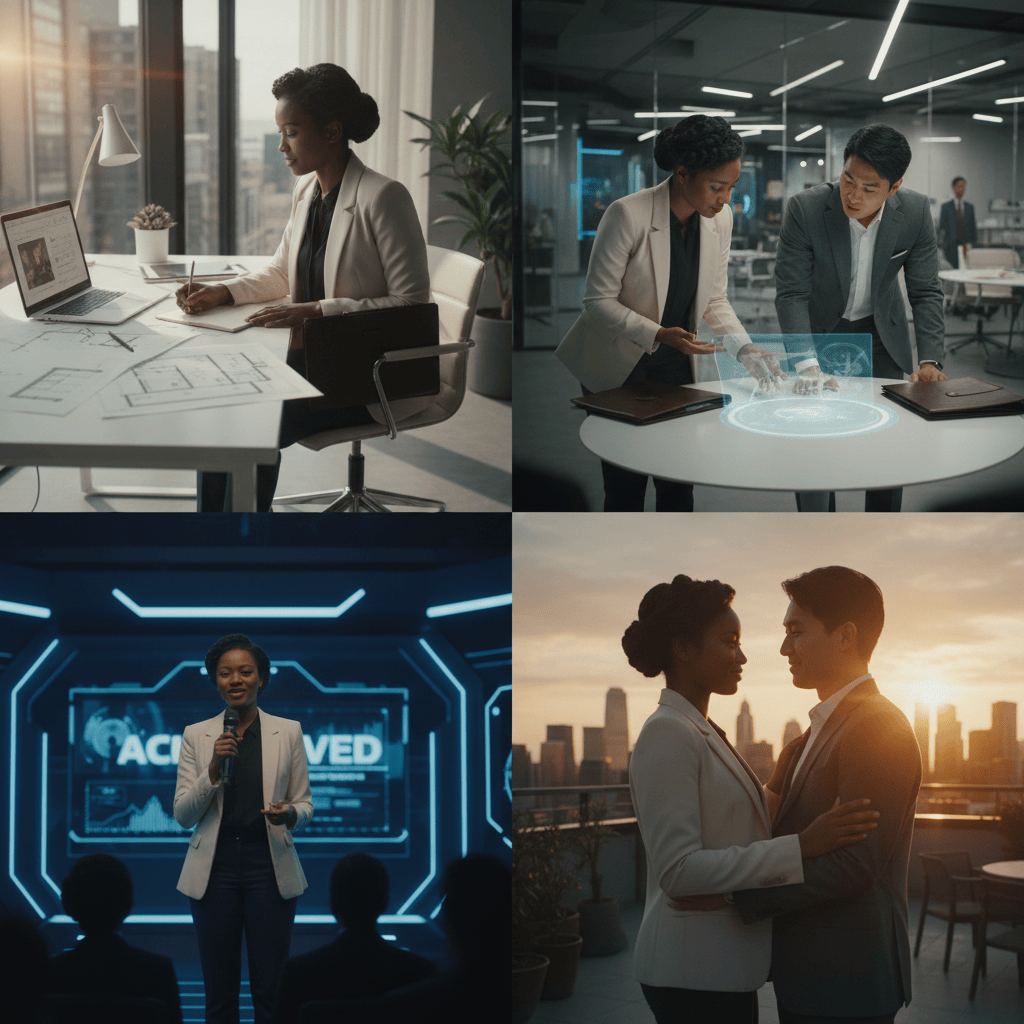 Four connected career-and-love scenes showing the same young Black professional woman and young Asian man from office preparation to collaboration, success and a rooftop moment.