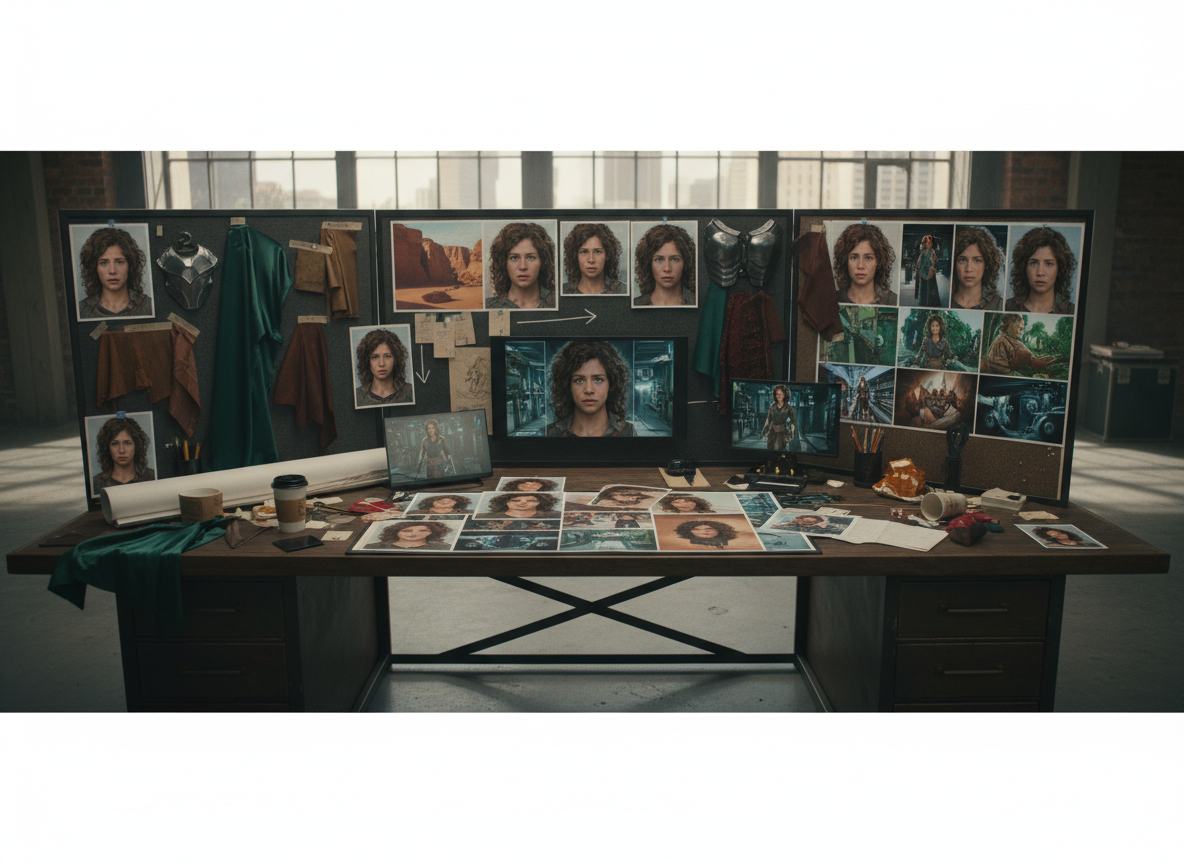 Character reference board used to preserve identity and wardrobe across film scenes.