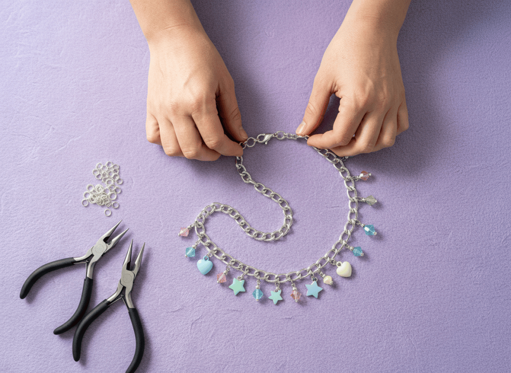 Hands arranging pastel charms along a silver-tone bracelet chain before attaching them.