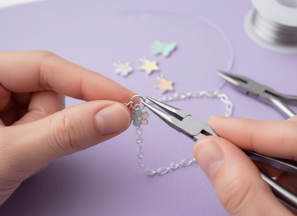 Hands sliding a pastel flower charm and bracelet link onto an open jump ring.