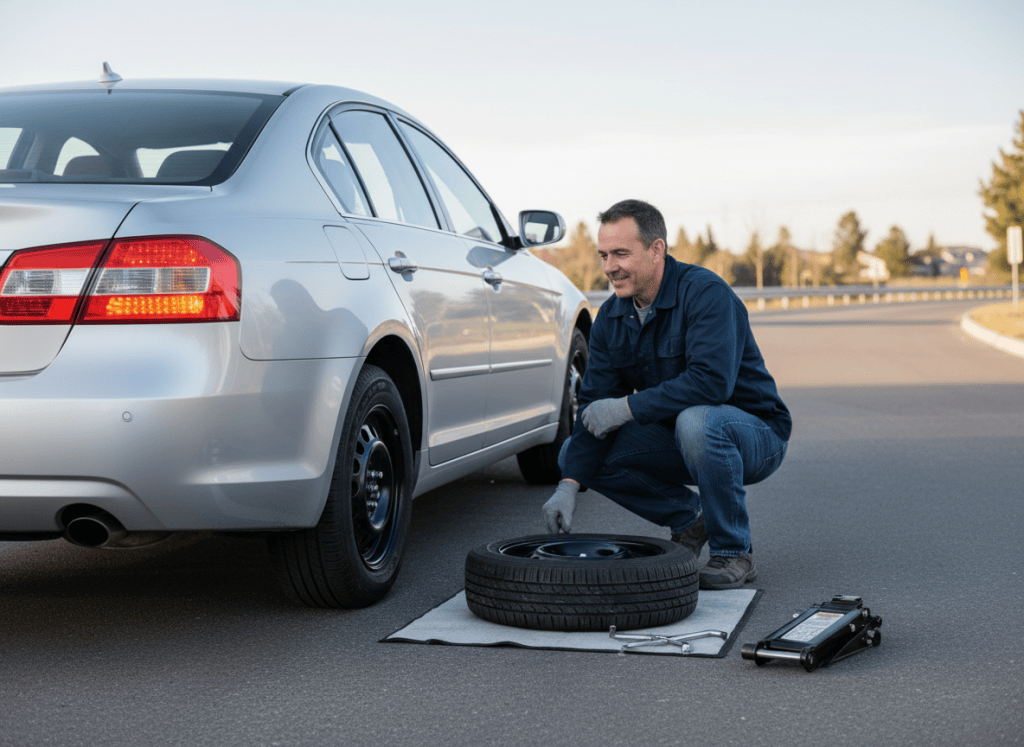 Completed spare tire installation with the vehicle safely lowered and tools beside the removed flat tire.