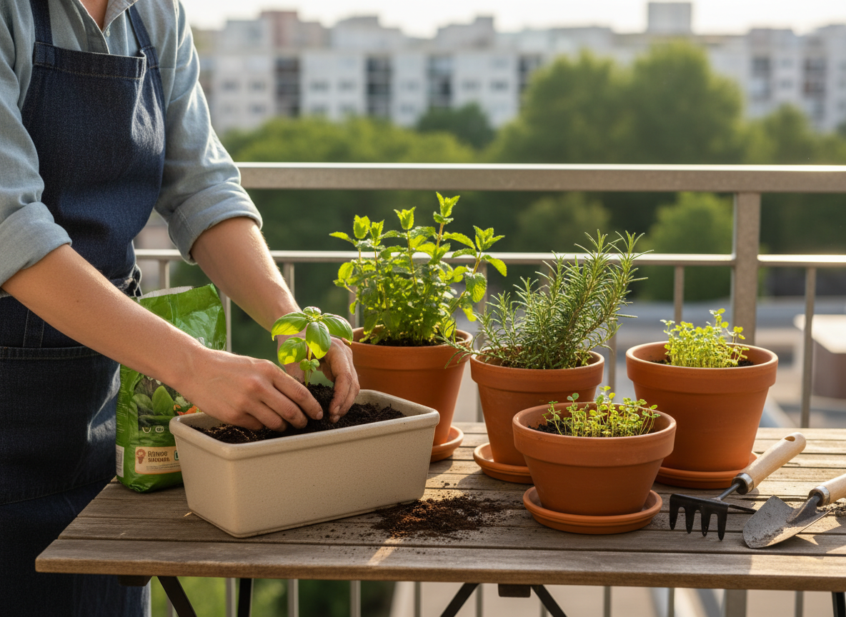 Adult planting herbs in containers on a bright home balcony.
