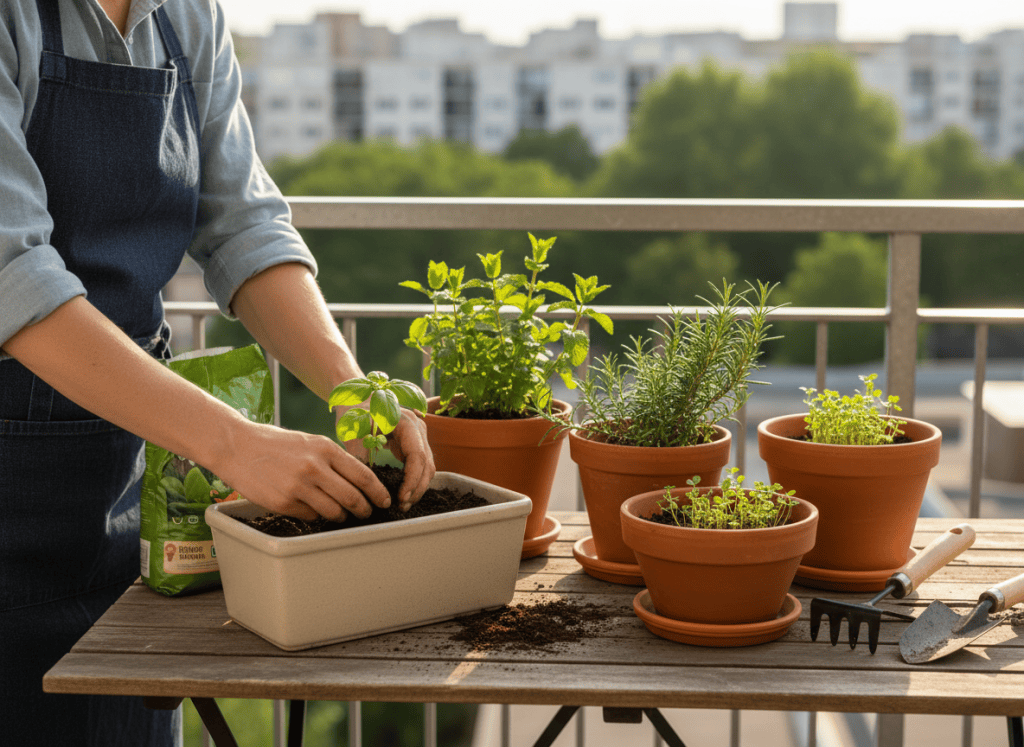 Adult planting herbs in containers on a bright home balcony.
