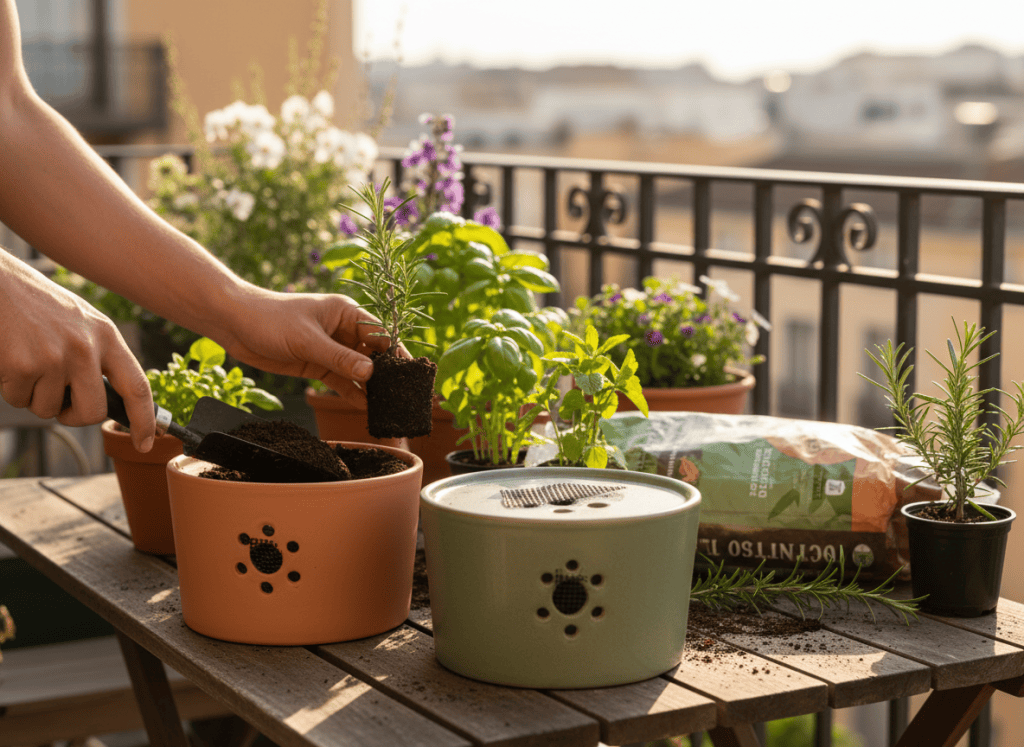 Hands preparing patio containers with drainage, potting mix, and herb seedlings.