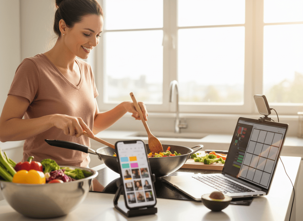 Home cook preparing a meal while planning a short-form food advertisement with digital creation tools.