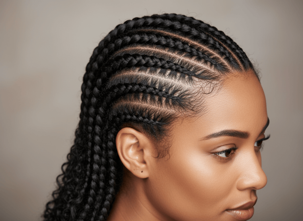 Adult woman with jet black tightly coiled hair styled in neat straight-back cornrows.
