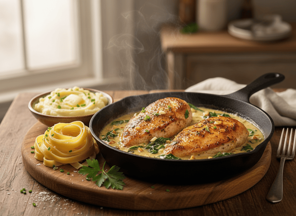Creamy garlic parmesan chicken in a skillet with herbs and spinach.