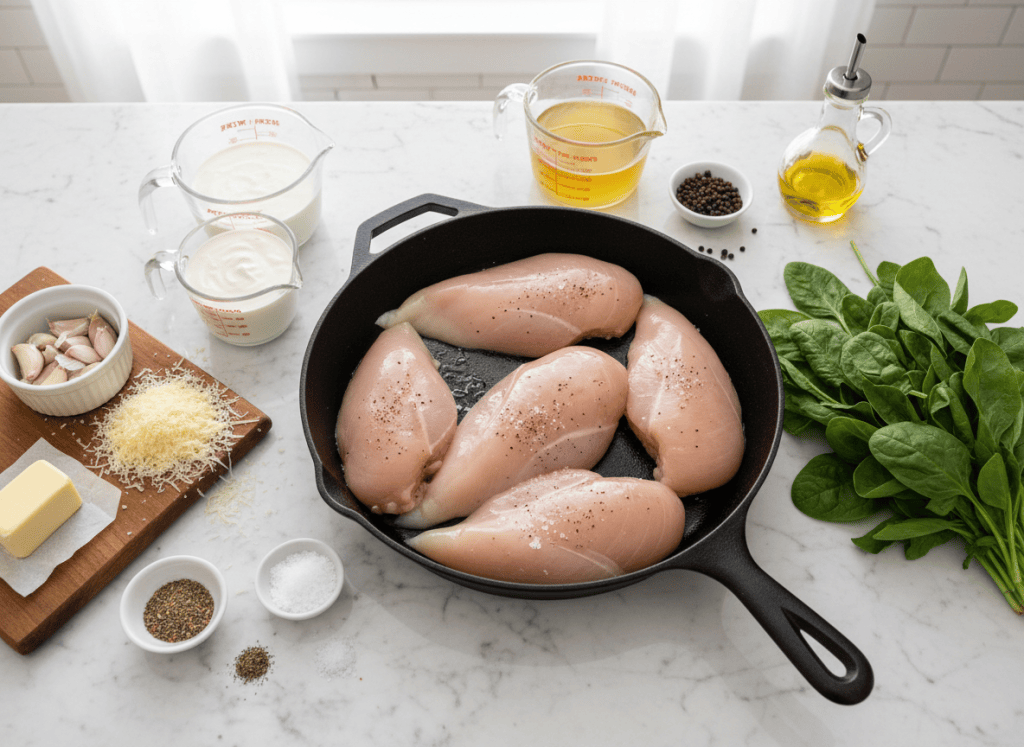 Chicken breasts, garlic, parmesan, cream, broth, spinach, butter, and seasonings arranged beside a skillet.
