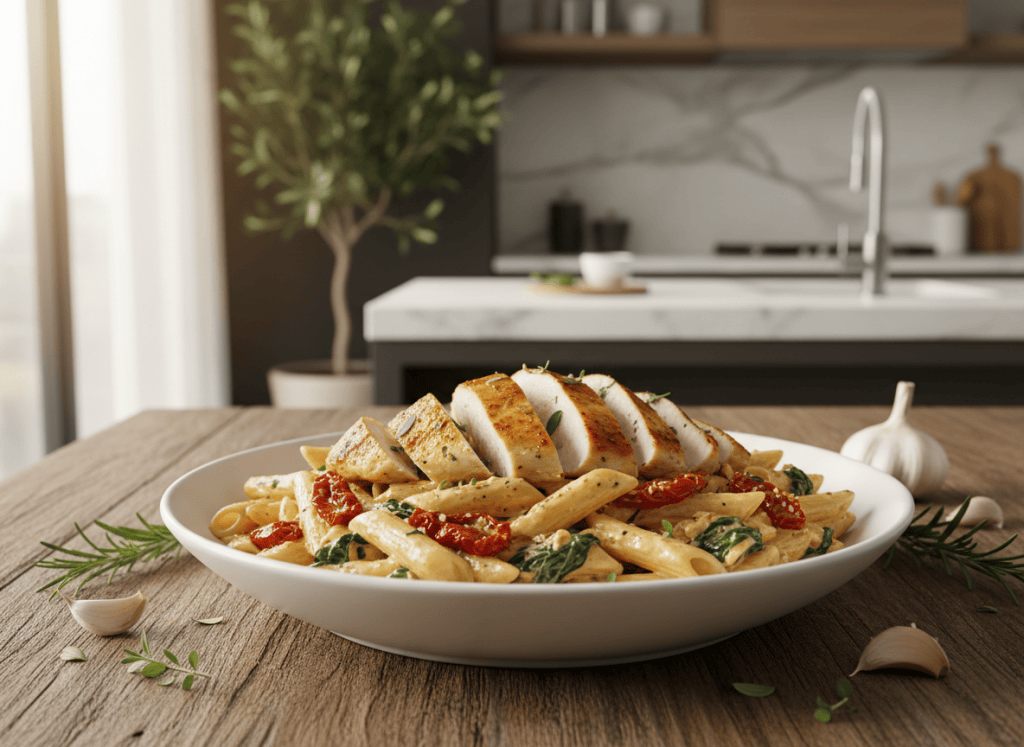 Creamy Tuscan chicken pasta with spinach and sun-dried tomatoes.