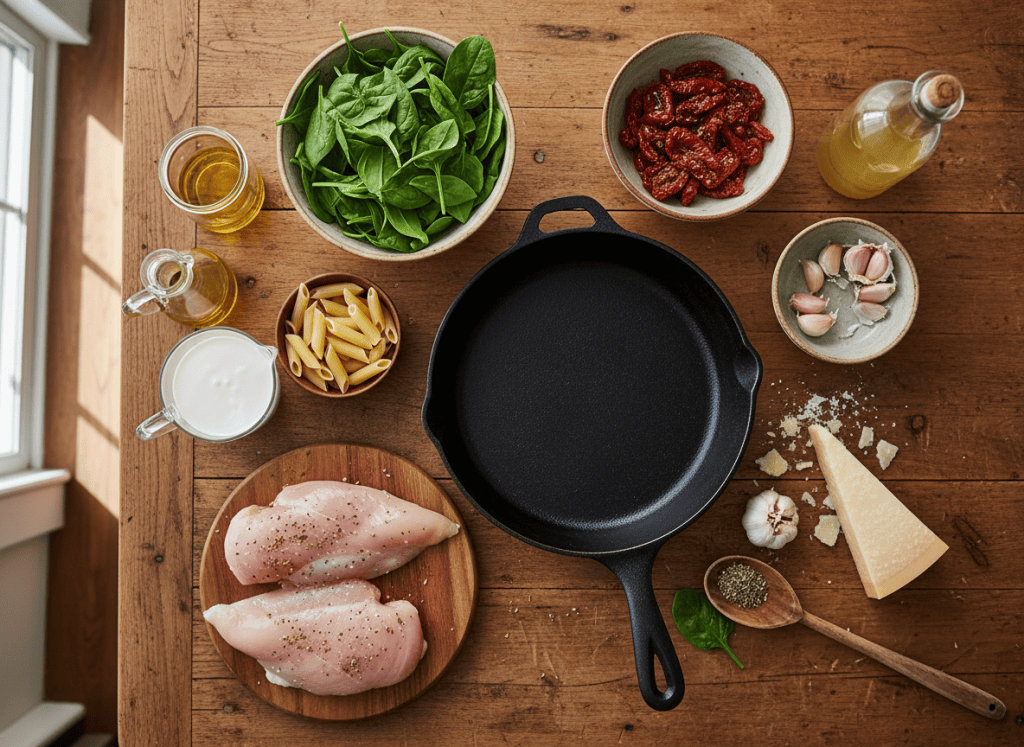 Ingredients for creamy Tuscan chicken pasta arranged beside a skillet.