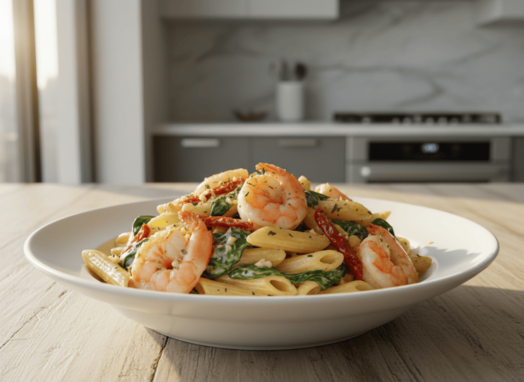 Creamy Tuscan shrimp pasta with spinach and sun-dried tomatoes.