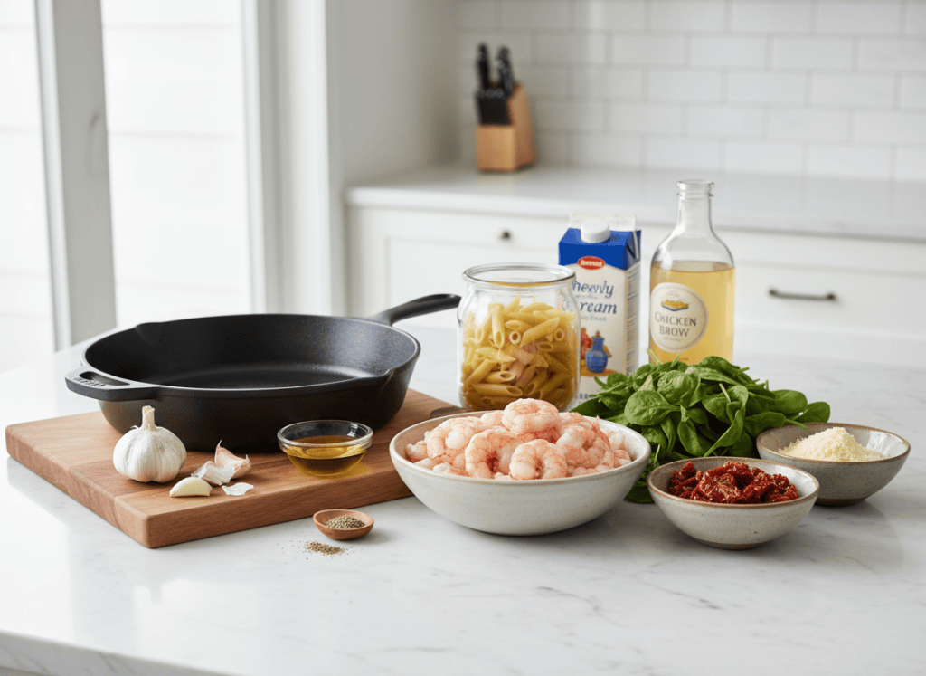 Ingredients for creamy Tuscan shrimp pasta arranged beside a skillet.