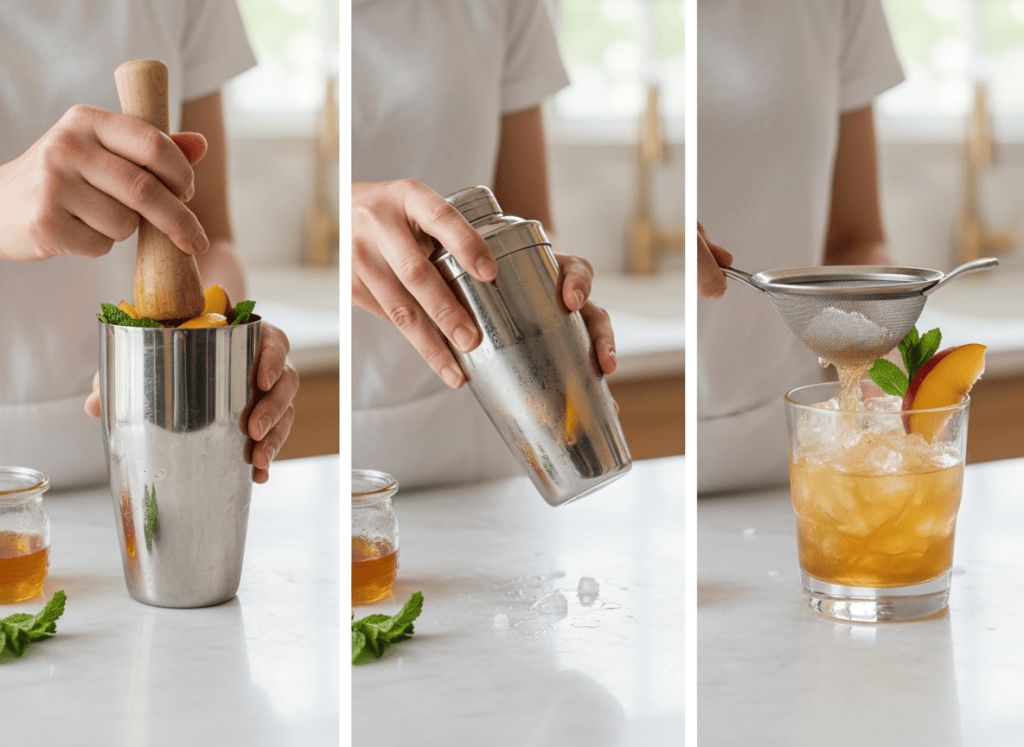 Three visual steps for a honey peach bourbon smash: muddling peach and mint, shaking the cocktail, and pouring over crushed ice.