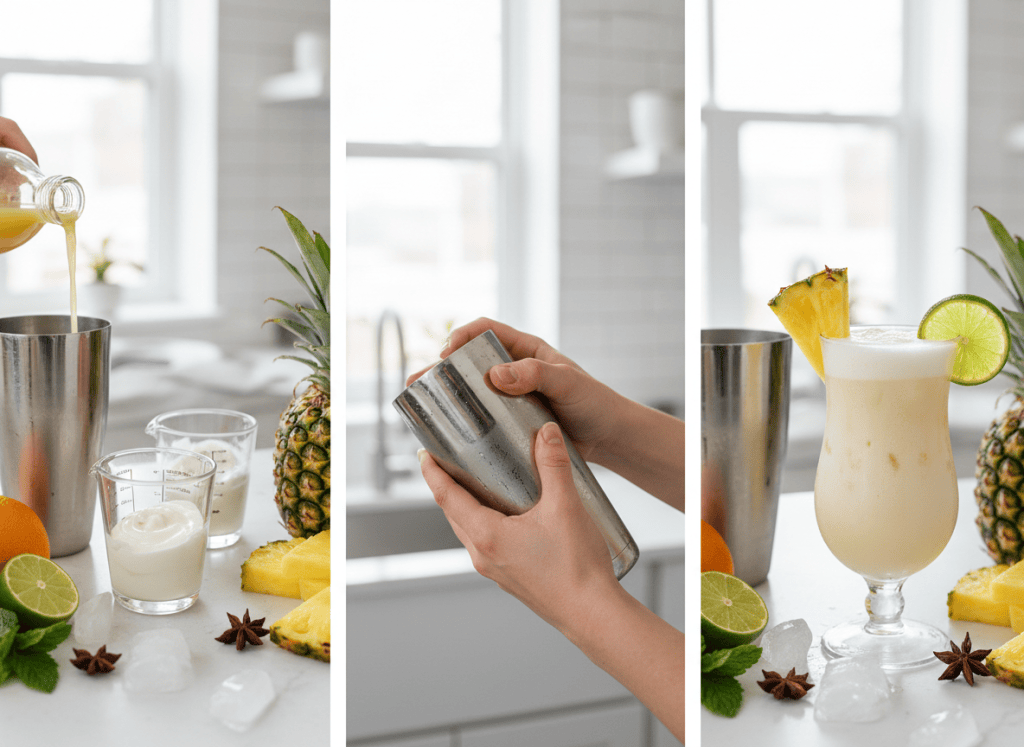 Three visual steps for pineapple coconut rum punch: measuring tropical ingredients, shaking with ice, and straining into a hurricane glass.