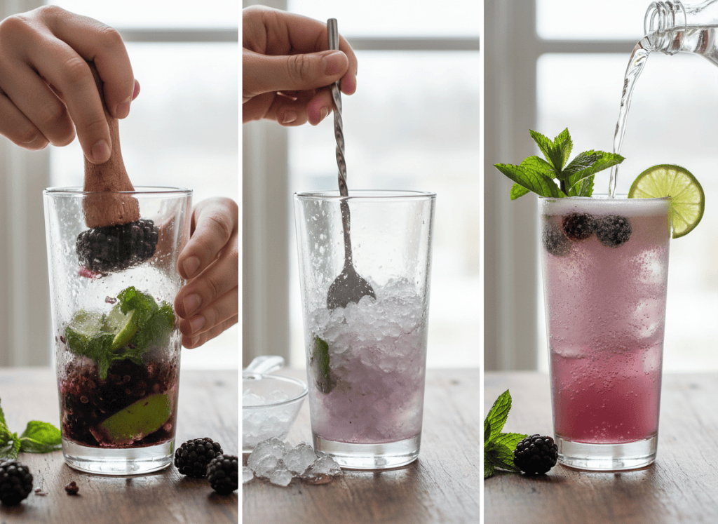 Three visual steps for a blackberry lime mojito: muddling berries, mint and lime, adding crushed ice, and topping the sparkling drink.