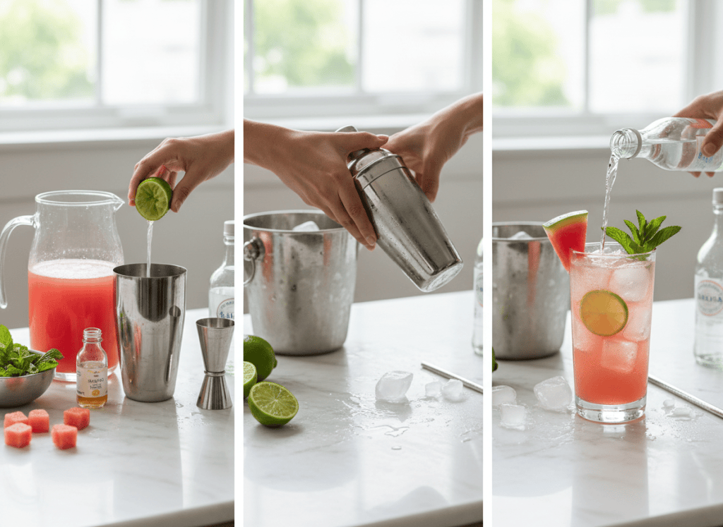 Three visual steps for a watermelon mint tequila cooler: measuring fresh watermelon and lime, shaking with ice, and pouring the coral-pink drink with sparkling water.