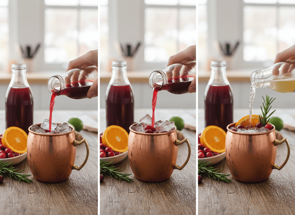 Three visual steps for a cranberry orange mule: measuring juices over ice, combining the cranberry and citrus base, and topping with ginger beer.