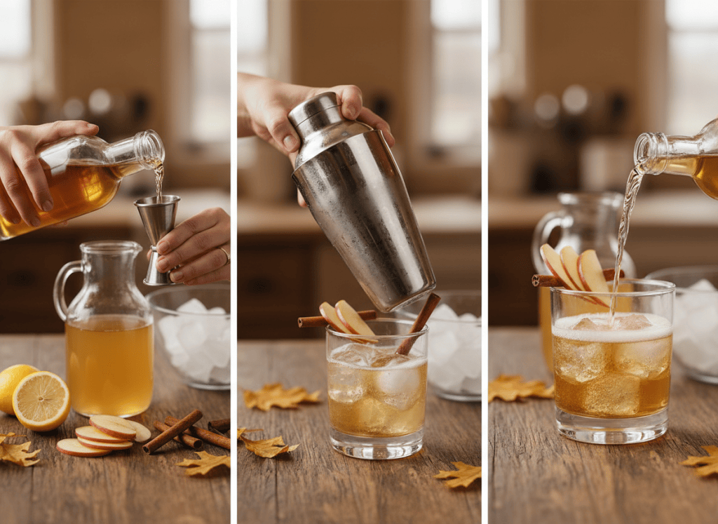 Three visual steps for an apple cider bourbon sparkler: measuring cider and bourbon, shaking with ice, and straining the amber drink before topping with sparkling cider.