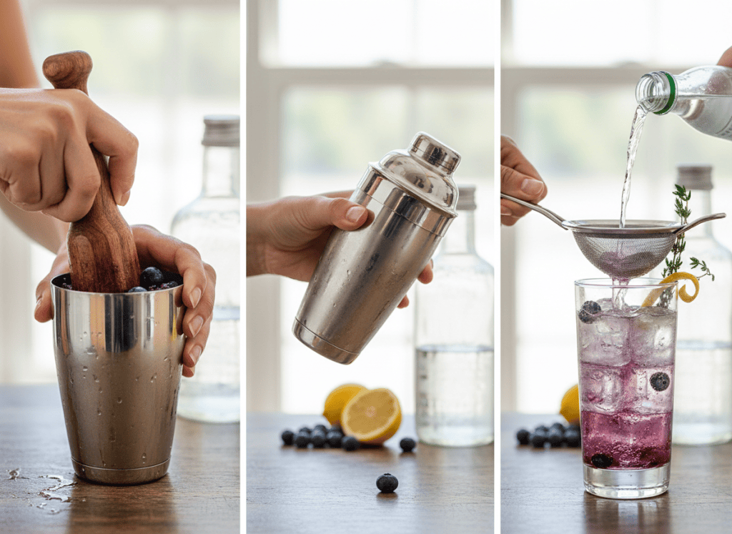 Three visual steps for a blueberry lemon gin fizz: muddling blueberries and lemon, shaking with ice, and double-straining the purple drink before topping with soda.
